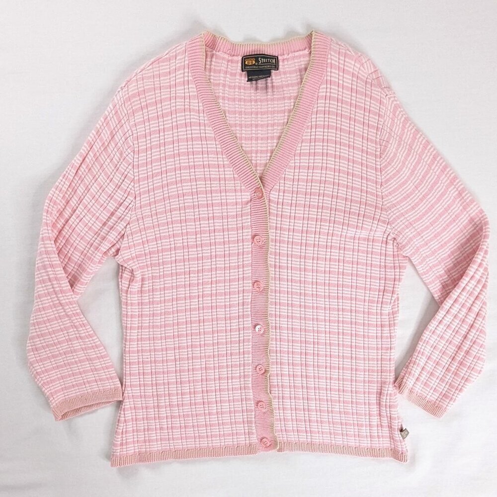VTG Soft Pink White Ribbed Stripe Knit Button Front Crop Light Cardigan Route 66